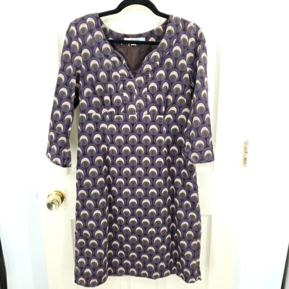 Boden Printed Corduroy 3/4 Sleeve Empire Waist Dress 8L US/12L UK Purple/Cream
